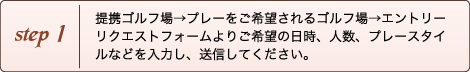 Step1:提携ゴルフ場→プレーをご希望されるゴルフ場→エントリーリクエストフォームよりご希望の日時、人数、プレースタイルなどを入力し、送信してください。