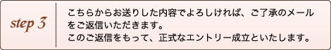 Step3:こちらからお送りした内容でよろしければ、ご了承のメールをご返信いただきます。このご返信をもって、正式なエントリー成立といたします。
